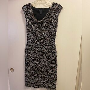 Connected Apparel Womens Midi Dress Size 6 Black Gold Embroidered Floral Sequins